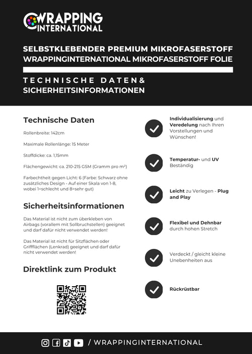 Selbstklebender Premium Mikrofaserstoff - Folie mit Stoffoberfläche - Car Wrapping Folie